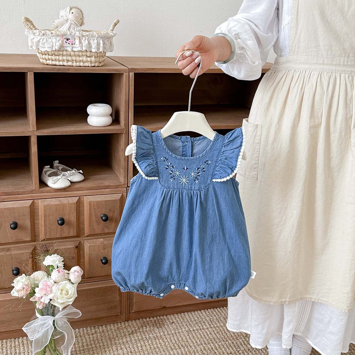 Baby Romper Summer New Style Charming Girl Baby Clothes Lace Denim Bodysuit for Full Moon and 100-Day Celebration, Outing Wear