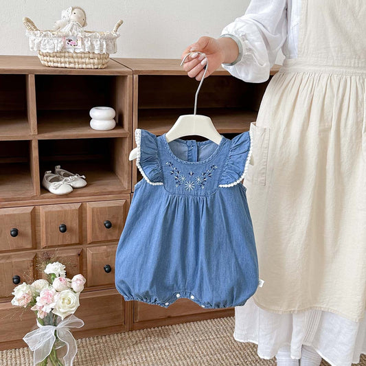 Baby Romper Summer New Style Charming Girl Baby Clothes Lace Denim Bodysuit for Full Moon and 100-Day Celebration, Outing Wear
