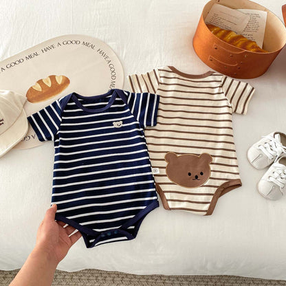 Baby Romper  Cartoon Bear Short Sleeve Bodysuit Newborn Stripe Summer Outing Crawling Suit