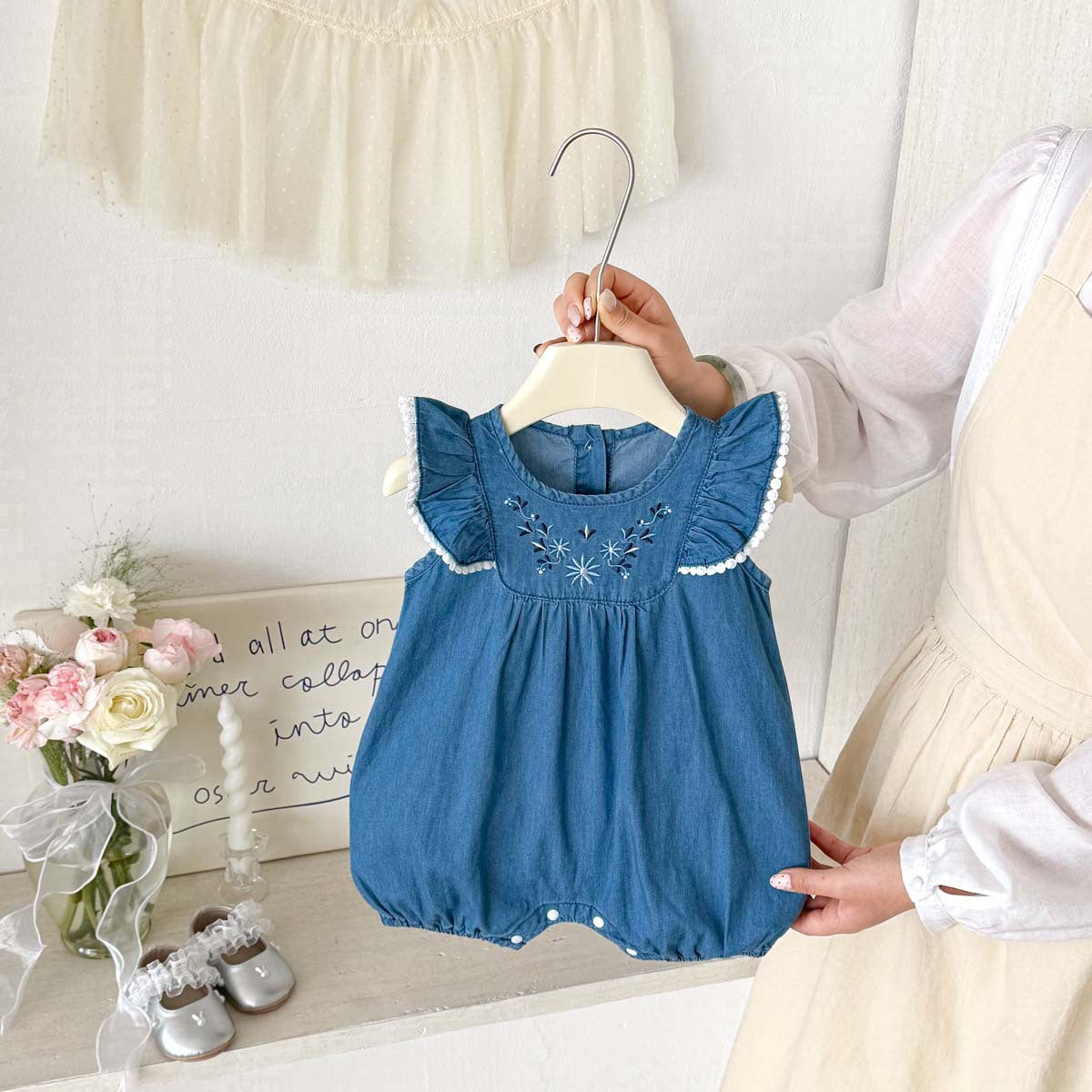 Baby Romper Summer New Style Charming Girl Baby Clothes Lace Denim Bodysuit for Full Moon and 100-Day Celebration, Outing Wear