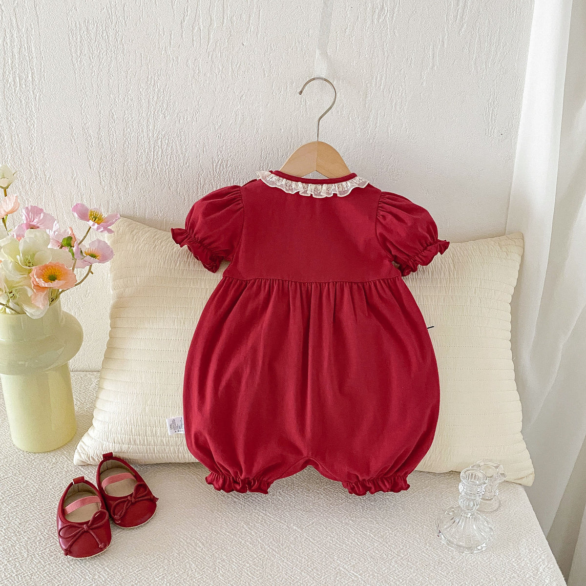 Baby Clothes Summer Lightweight Girl Bodysuit Festive Red 100-Day First Birthday Outfit Newborn Romper Cotton