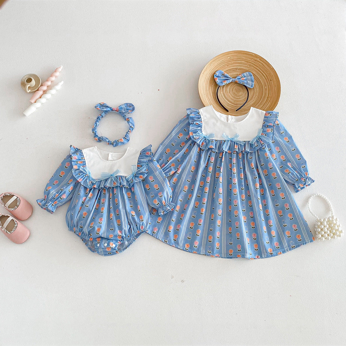 Baby Clothes Spring New Style Baby Girl Romper Fashion Blue Dress Princess Sister Set