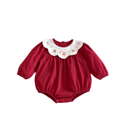Cute Baby Clothes Spring and Autumn Newborn Girl Bodysuit Red Festive Princess Romper A Class