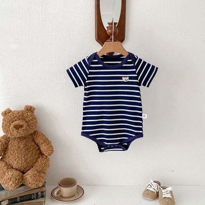 Baby Romper  Cartoon Bear Short Sleeve Bodysuit Newborn Stripe Summer Outing Crawling Suit