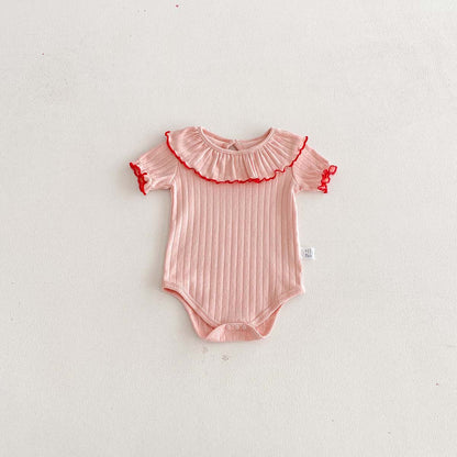 Baby Bodysuit Pure Cotton Trimmed Collar Short Sleeve Summer New Style Girl Baby Clothes Hollow Knit Ribbed Triangular Crawling Suit