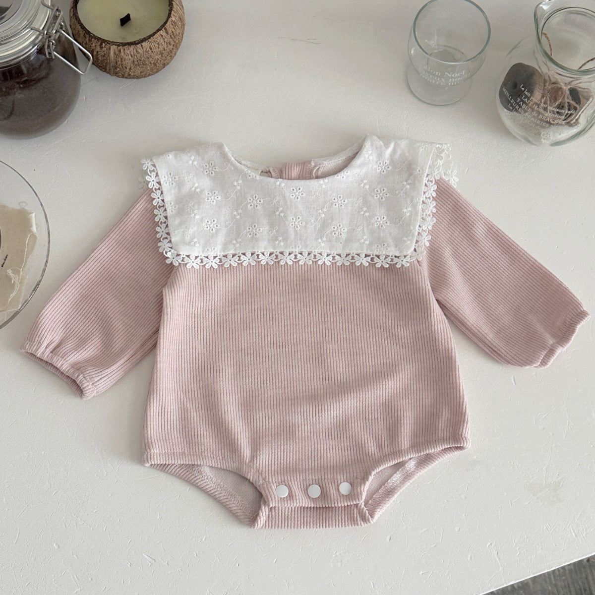Long sleeved embroidered baby girl solid color khaki crawling clothes