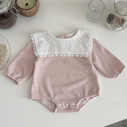 Long sleeved embroidered baby girl solid color khaki crawling clothes