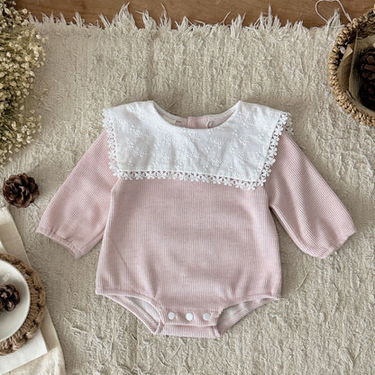 Long sleeved embroidered baby girl solid color khaki crawling clothes