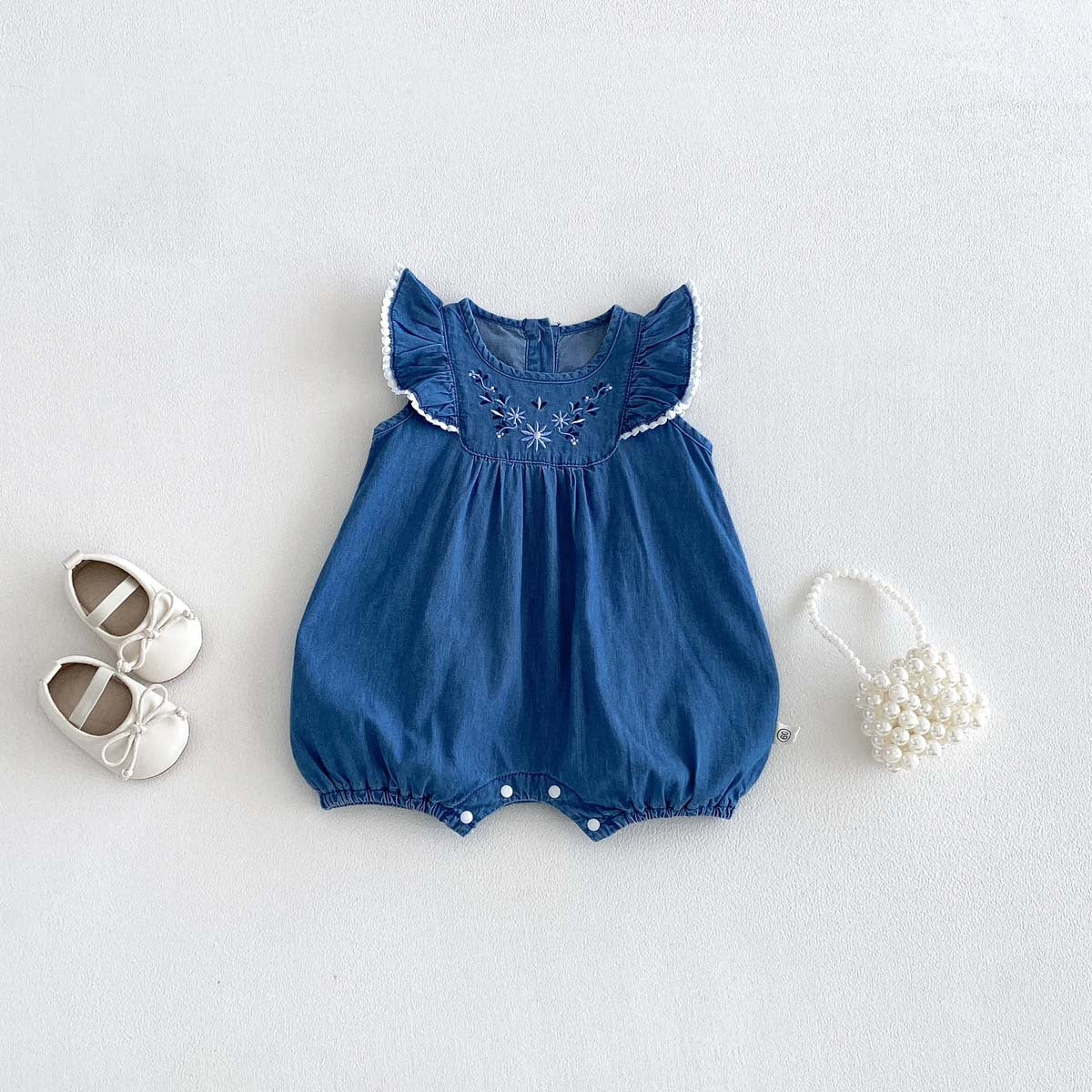 Baby Romper Summer New Style Charming Girl Baby Clothes Lace Denim Bodysuit for Full Moon and 100-Day Celebration, Outing Wear