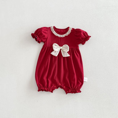 Baby Clothes Summer Lightweight Girl Bodysuit Festive Red 100-Day First Birthday Outfit Newborn Romper Cotton