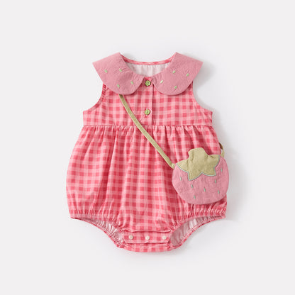Baby Girl Cotton Checkered Sleeveless Romper with Peter Pan Collar  Infant Clothes