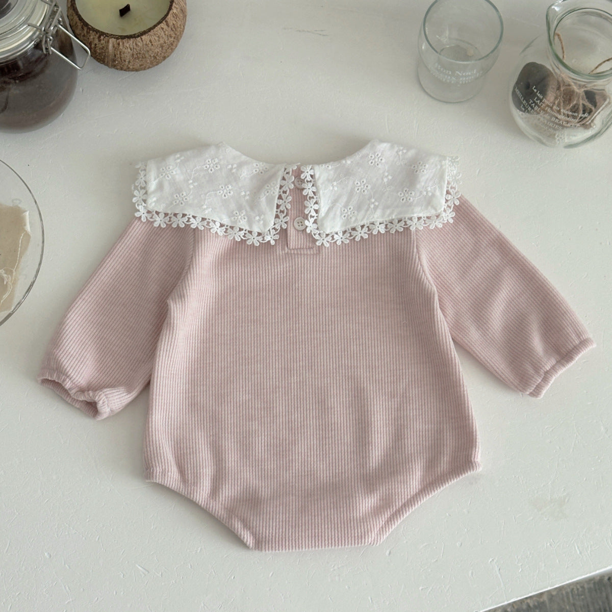 Long sleeved embroidered baby girl solid color khaki crawling clothes