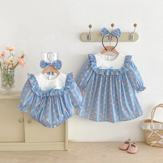 Baby Clothes Spring New Style Baby Girl Romper Fashion Blue Dress Princess Sister Set