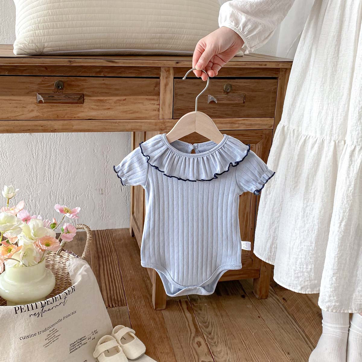 Baby Bodysuit Pure Cotton Trimmed Collar Short Sleeve Summer New Style Girl Baby Clothes Hollow Knit Ribbed Triangular Crawling Suit