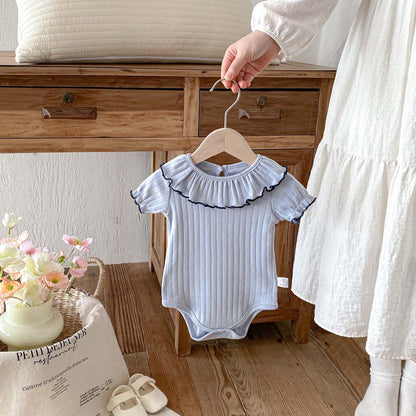 Baby Bodysuit Pure Cotton Trimmed Collar Short Sleeve Summer New Style Girl Baby Clothes Hollow Knit Ribbed Triangular Crawling Suit
