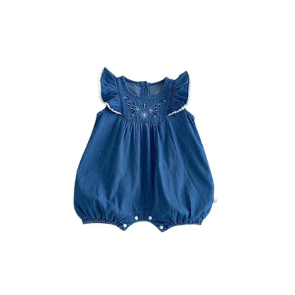 Baby Romper Summer New Style Charming Girl Baby Clothes Lace Denim Bodysuit for Full Moon and 100-Day Celebration, Outing Wear