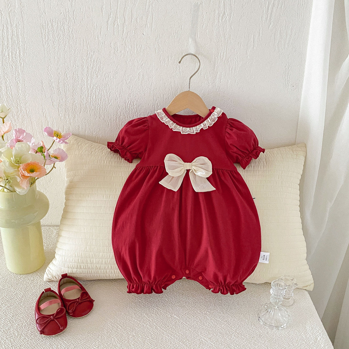 Baby Clothes Summer Lightweight Girl Bodysuit Festive Red 100-Day First Birthday Outfit Newborn Romper Cotton