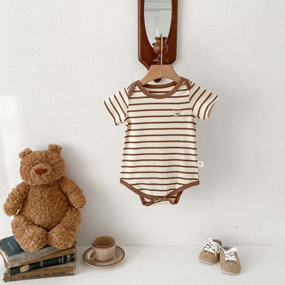 Baby Romper  Cartoon Bear Short Sleeve Bodysuit Newborn Stripe Summer Outing Crawling Suit