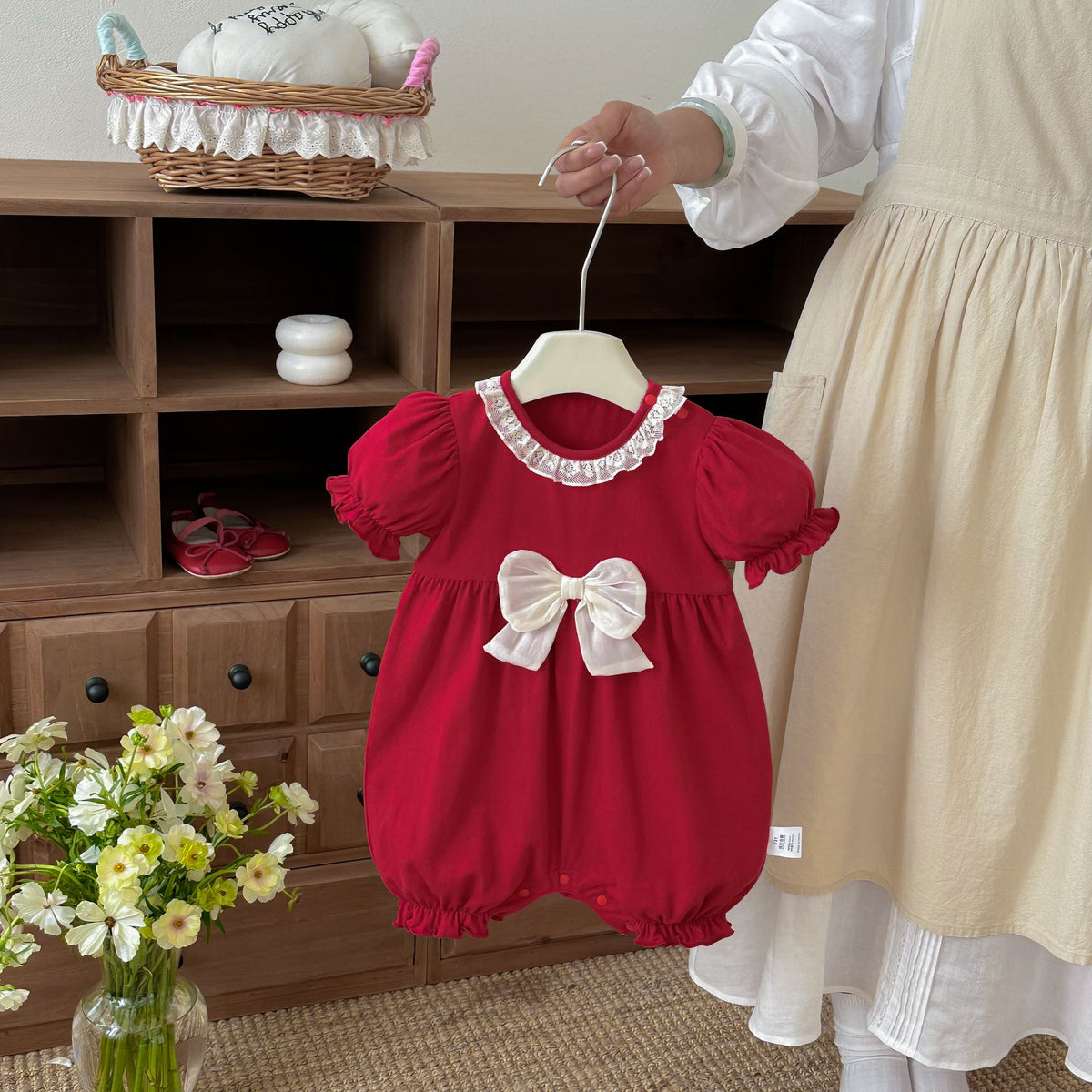 Baby Clothes Summer Lightweight Girl Bodysuit Festive Red 100-Day First Birthday Outfit Newborn Romper Cotton