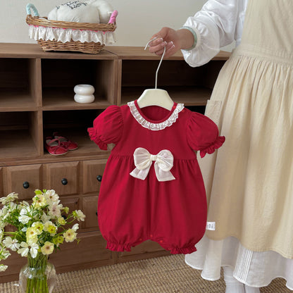 Baby Clothes Summer Lightweight Girl Bodysuit Festive Red 100-Day First Birthday Outfit Newborn Romper Cotton