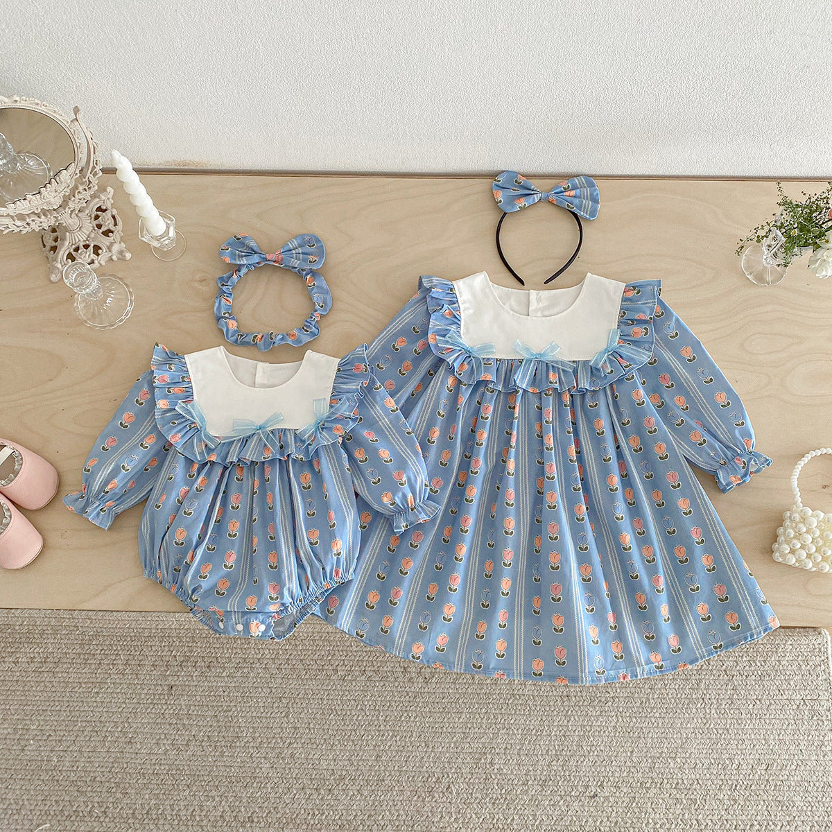 Baby Clothes Spring New Style Baby Girl Romper Fashion Blue Dress Princess Sister Set