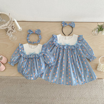 Baby Clothes Spring New Style Baby Girl Romper Fashion Blue Dress Princess Sister Set