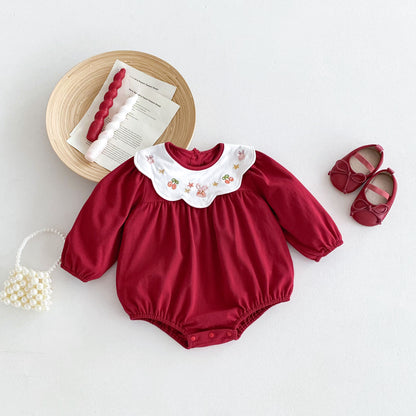 Cute Baby Clothes Spring and Autumn Newborn Girl Bodysuit Red Festive Princess Romper A Class