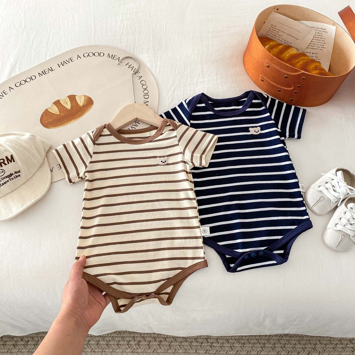 Baby Romper  Cartoon Bear Short Sleeve Bodysuit Newborn Stripe Summer Outing Crawling Suit