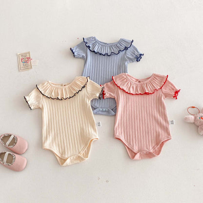 Baby Bodysuit Pure Cotton Trimmed Collar Short Sleeve Summer New Style Girl Baby Clothes Hollow Knit Ribbed Triangular Crawling Suit