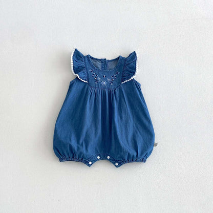 Baby Romper Summer New Style Charming Girl Baby Clothes Lace Denim Bodysuit for Full Moon and 100-Day Celebration, Outing Wear
