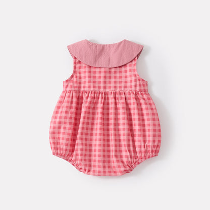 Baby Girl Cotton Checkered Sleeveless Romper with Peter Pan Collar  Infant Clothes