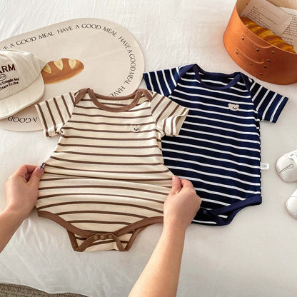 Baby Romper  Cartoon Bear Short Sleeve Bodysuit Newborn Stripe Summer Outing Crawling Suit