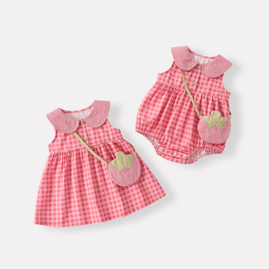 Baby Girl Cotton Checkered Sleeveless Romper with Peter Pan Collar  Infant Clothes