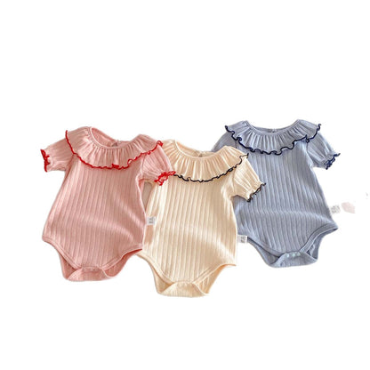 Baby Bodysuit Pure Cotton Trimmed Collar Short Sleeve Summer New Style Girl Baby Clothes Hollow Knit Ribbed Triangular Crawling Suit