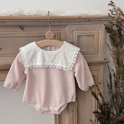 Long sleeved embroidered baby girl solid color khaki crawling clothes