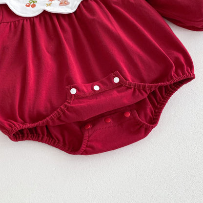 Cute Baby Clothes Spring and Autumn Newborn Girl Bodysuit Red Festive Princess Romper A Class