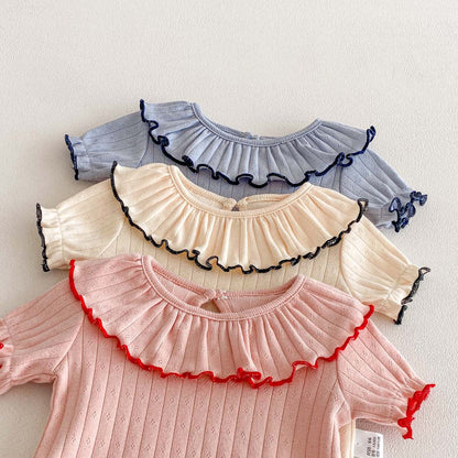 Baby Bodysuit Pure Cotton Trimmed Collar Short Sleeve Summer New Style Girl Baby Clothes Hollow Knit Ribbed Triangular Crawling Suit