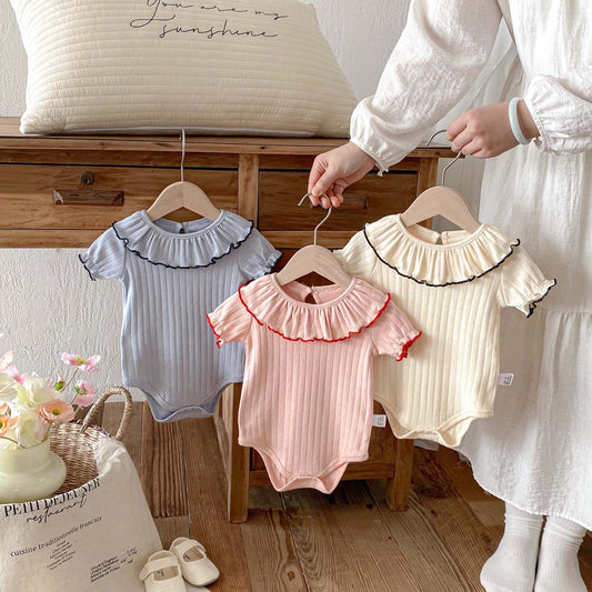 Baby Bodysuit Pure Cotton Trimmed Collar Short Sleeve Summer New Style Girl Baby Clothes Hollow Knit Ribbed Triangular Crawling Suit